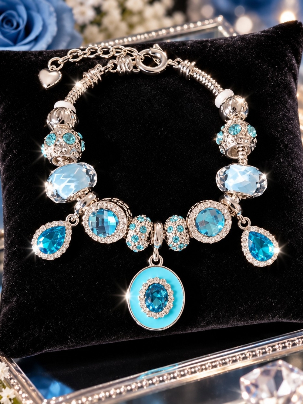 Silver-Tone Blue Crystal Charm Bracelet